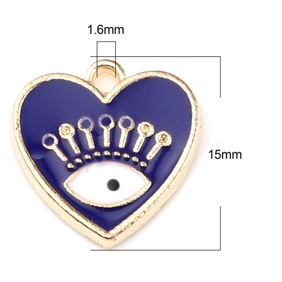 Immagine di 10 Pz Lega di Zinco Ciondoli Oro Placcato Blu Scuro Cuore Malocchio Smalto 15mm x 15mm