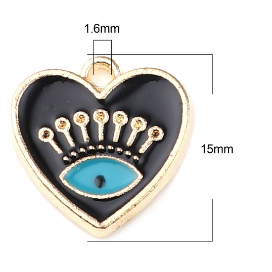 Immagine di 10 Pz Lega di Zinco Ciondoli Oro Placcato Nero Cuore Malocchio Smalto 15mm x 15mm
