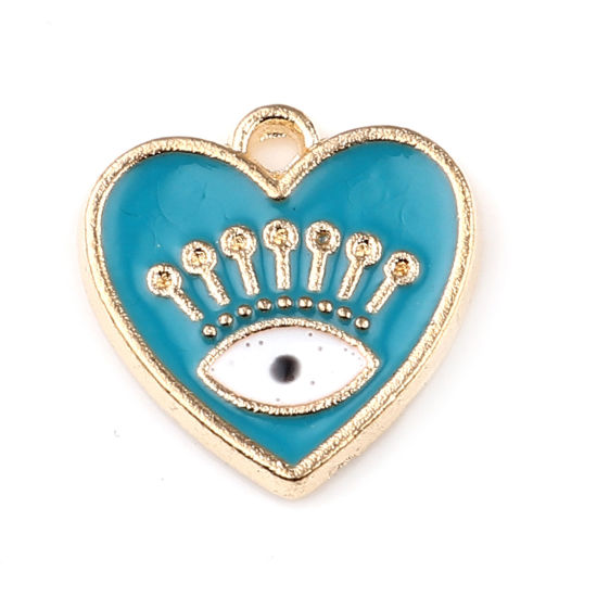 Immagine di 10 Pz Lega di Zinco Ciondoli Oro Placcato Verde Blu Cuore Malocchio Smalto 15mm x 15mm