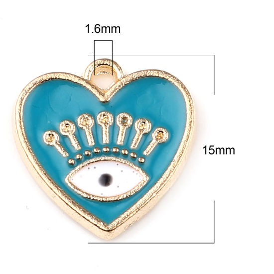 Immagine di 10 Pz Lega di Zinco Ciondoli Oro Placcato Verde Blu Cuore Malocchio Smalto 15mm x 15mm