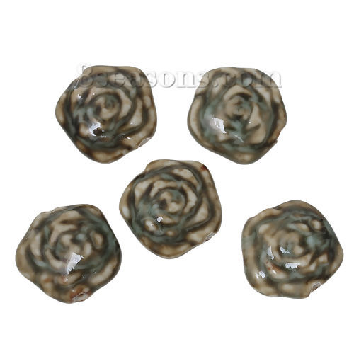 Picture of Ceramics Beads Polygon Light olive Flower Pattern About 26.0mm(1") x 25.0mm(1"), Hole: Approx 2.3mm-3.1mm, 10 PCs