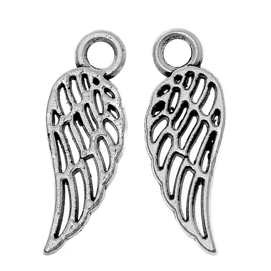 Picture of Zinc Based Alloy Charms Angel Wing Antique Silver Color Hollow 18mm( 6/8") x 7mm( 2/8"), 50 PCs