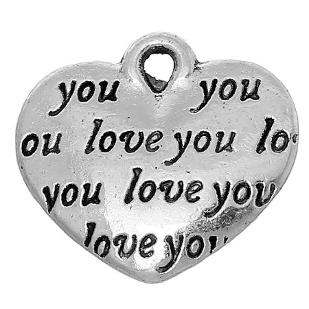 Picture of Zinc Metal Alloy Charms Heart Antique Silver Color Message " Love you " Carved 14mm( 4/8") x 12mm( 4/8"), 4 PCs