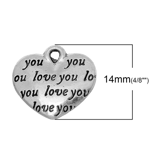 Picture of Zinc Metal Alloy Charms Heart Antique Silver Color Message " Love you " Carved 14mm( 4/8") x 12mm( 4/8"), 4 PCs