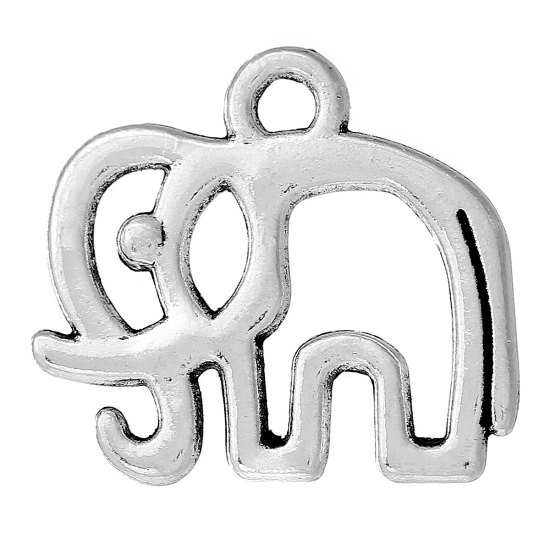 Picture of Zinc Metal Alloy Charms Elephant Animal Antique Silver Color Hollow 16mm( 5/8") x 15mm( 5/8"), 30 PCs