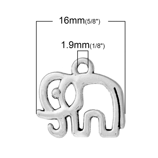 Picture of Zinc Metal Alloy Charms Elephant Animal Antique Silver Color Hollow 16mm( 5/8") x 15mm( 5/8"), 30 PCs