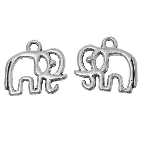 Picture of Zinc Metal Alloy Charms Elephant Animal Antique Silver Color Hollow 16mm( 5/8") x 15mm( 5/8"), 30 PCs