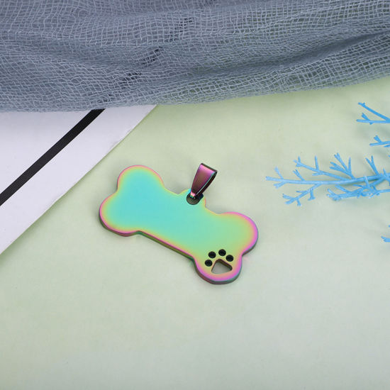 Immagine di 1 Pz Acciaio Inossidabile Memoriale dell'animale Etichette di Stampaggio Vuote Ciondoli Osso Artiglio Multicolore Lucidatura su Entrambi i Lati 40mm x 21mm 