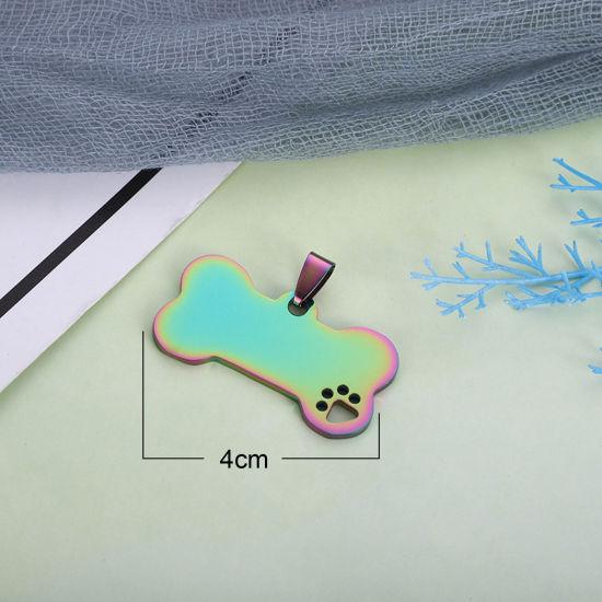 Immagine di 1 Pz Acciaio Inossidabile Memoriale dell'animale Etichette di Stampaggio Vuote Ciondoli Osso Artiglio Multicolore Lucidatura su Entrambi i Lati 40mm x 21mm 