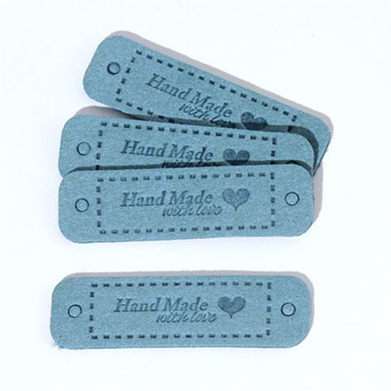 Picture of PU Leather Label Tags Rectangle Blue HeartPattern " Hand Made With Love " 55mm x 15mm , 20 PCs