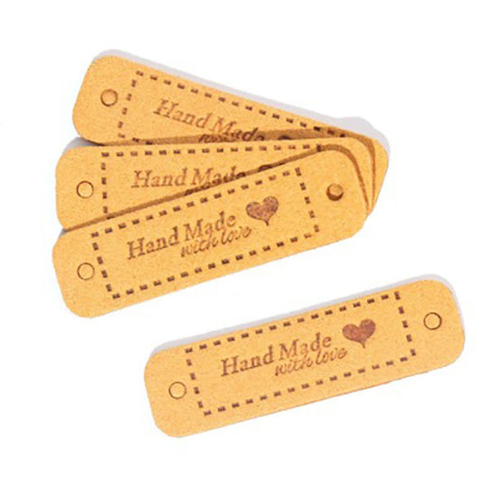 Picture of PU Leather Label Tags Rectangle Yellow HeartPattern " Hand Made With Love " 55mm x 15mm , 20 PCs