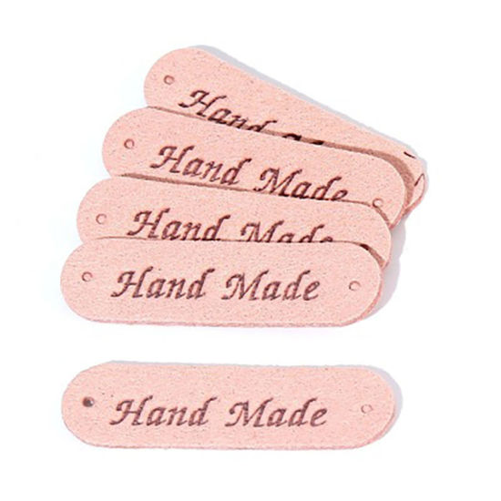 Picture of PU Leather Label Tags Rectangle Pink " Hand Made " 45mm x 12mm , 20 PCs