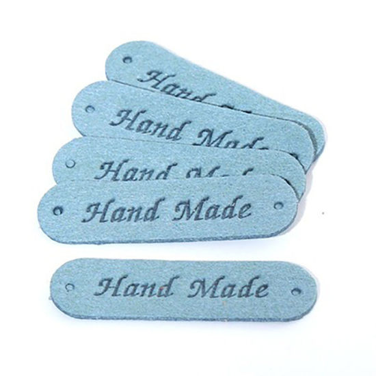 Picture of PU Leather Label Tags Rectangle Blue " Hand Made " 45mm x 12mm , 20 PCs