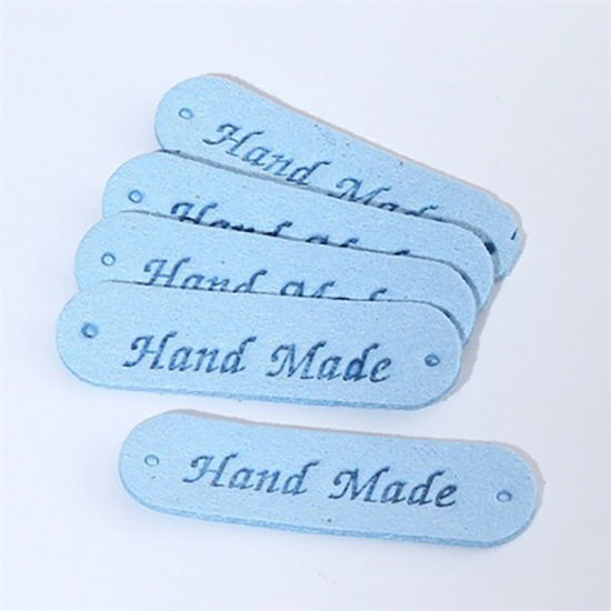 Picture of PU Leather Label Tags Rectangle Skyblue " Hand Made " 45mm x 12mm , 20 PCs