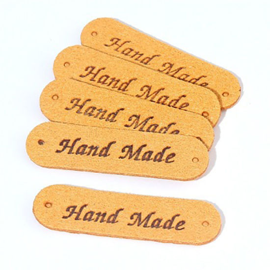 Picture of PU Leather Label Tags Rectangle Yellow " Hand Made " 45mm x 12mm , 20 PCs