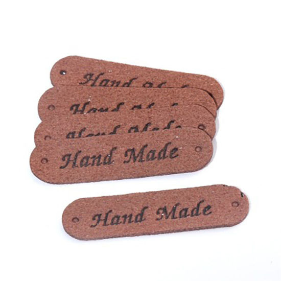 Picture of PU Leather Label Tags Rectangle Brown Red " Hand Made " 45mm x 12mm , 20 PCs