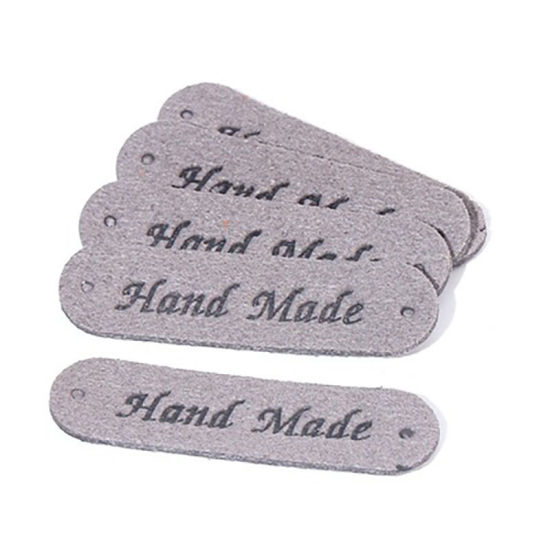 Picture of PU Leather Label Tags Rectangle Gray " Hand Made " 45mm x 12mm , 20 PCs