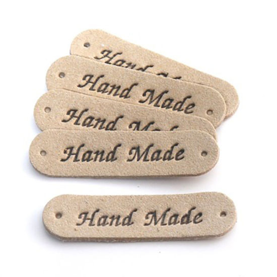 Picture of PU Leather Label Tags Rectangle Khaki " Hand Made " 45mm x 12mm , 20 PCs