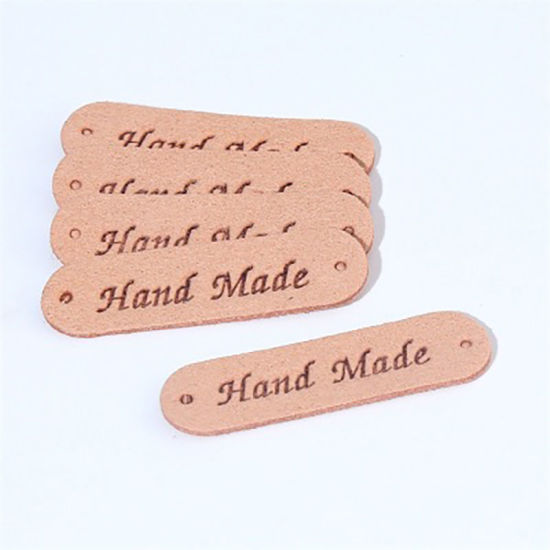 Picture of PU Leather Label Tags Rectangle Orange Pink " Hand Made " 45mm x 12mm , 20 PCs