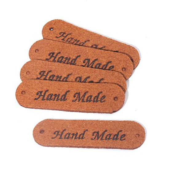 Picture of PU Leather Label Tags Rectangle Brown " Hand Made " 45mm x 12mm , 20 PCs