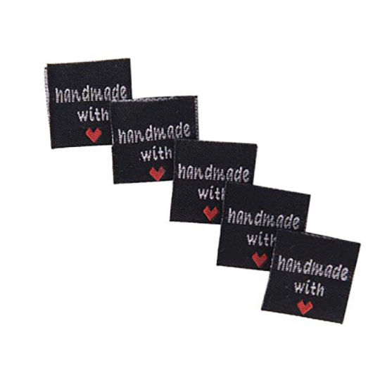 Picture of Fabric Label Tags Rectangle Black HeartPattern " Hand Made With Love " 40mm x 20mm , 50 PCs