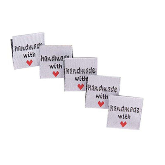 Picture of Fabric Label Tags Rectangle White HeartPattern " Hand Made With Love " 40mm x 20mm , 50 PCs