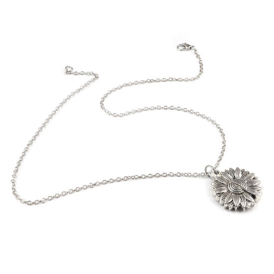 Imagen de Acero Inoxidable Cable Cadena Cruz Accesorios Collares Plata Antigua Ronda Girasol Puede Abrir 52cm longitud, 1 Unidad