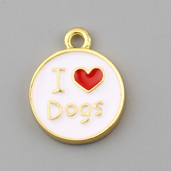 Picture of Zinc Based Alloy Pet Memorial Charms Round Disc Gold Plated White Heart Message " I Love Dogs " Enamel 18mm x 14mm, 5 PCs