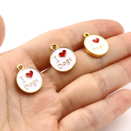 Picture of Zinc Based Alloy Pet Memorial Charms Round Disc Gold Plated White Heart Message " I Love Dogs " Enamel 18mm x 14mm, 5 PCs
