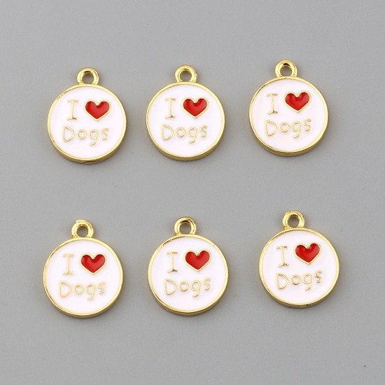 Picture of Zinc Based Alloy Pet Memorial Charms Round Disc Gold Plated White Heart Message " I Love Dogs " Enamel 18mm x 14mm, 5 PCs