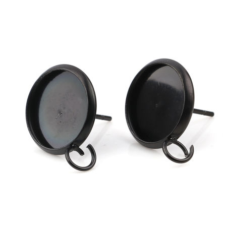 Picture of Stainless Steel Ear Post Stud Earrings Round Black W/ Loop (Fits 12mm Dia.) 18mm x 14mm, Post/ Wire Size: (21 gauge), 6 PCs