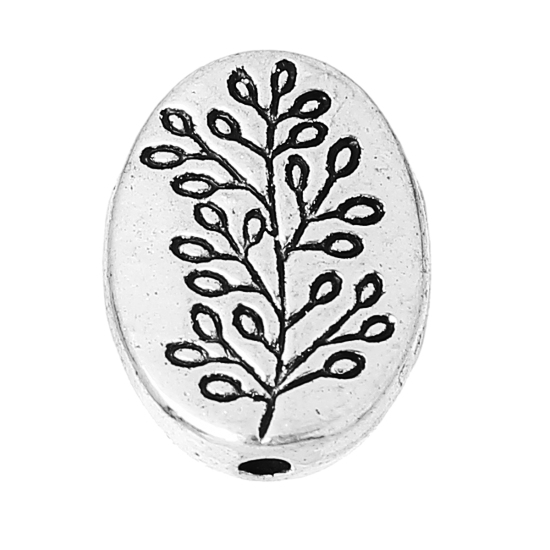 Picture of Spacer Beads Oval Antique Silver Color Leaf Pattern About 13mm x 10mm, Hole:Approx 1.6mm, 50 PCs