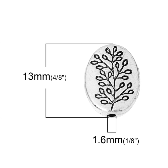 Picture of Spacer Beads Oval Antique Silver Color Leaf Pattern About 13mm x 10mm, Hole:Approx 1.6mm, 50 PCs
