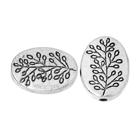 Picture of Spacer Beads Oval Antique Silver Color Leaf Pattern About 13mm x 10mm, Hole:Approx 1.6mm, 50 PCs