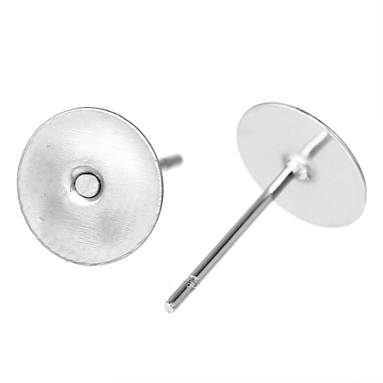 Picture of 304 Stainless Steel Ear Post Stud Earrings Findings Round Flat Pad Silver Tone 12mm( 4/8") x 8mm( 3/8"), Post/ Wire Size: (21 gauge), 100 PCs