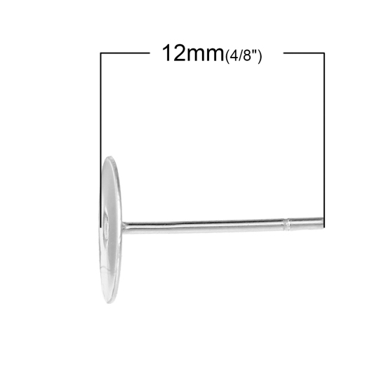 Picture of 304 Stainless Steel Ear Post Stud Earrings Findings Round Flat Pad Silver Tone 12mm( 4/8") x 8mm( 3/8"), Post/ Wire Size: (21 gauge), 100 PCs