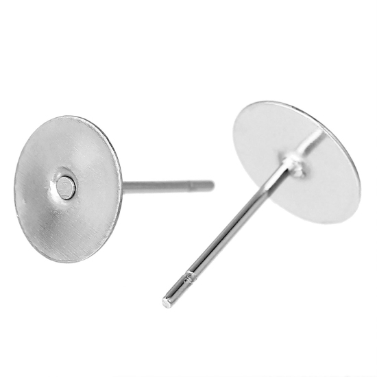 Picture of 304 Stainless Steel Ear Post Stud Earrings Findings Round Flat Pad Silver Tone 12mm( 4/8") x 8mm( 3/8"), Post/ Wire Size: (21 gauge), 100 PCs