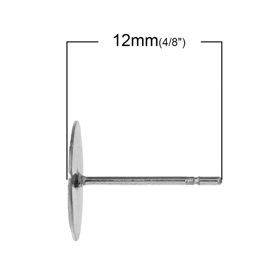 Picture of 304 Stainless Steel Ear Post Stud Earrings Findings Round Flat Pad Silver Tone 12mm( 4/8") x 10mm( 3/8"), Post/ Wire Size: (21 gauge), 100 PCs