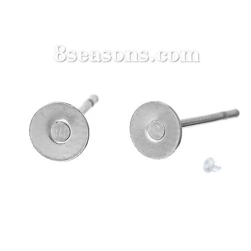 Picture of 304 Stainless Steel Ear Post Stud Earrings Findings Round Flat Pad Silver Tone 12mm( 4/8") x 4mm( 1/8"), Post/ Wire Size: (21 gauge), 200 PCs