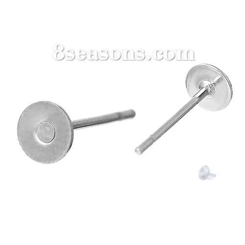 Picture of 304 Stainless Steel Ear Post Stud Earrings Findings Round Flat Pad Silver Tone 12mm( 4/8") x 4mm( 1/8"), Post/ Wire Size: (21 gauge), 200 PCs