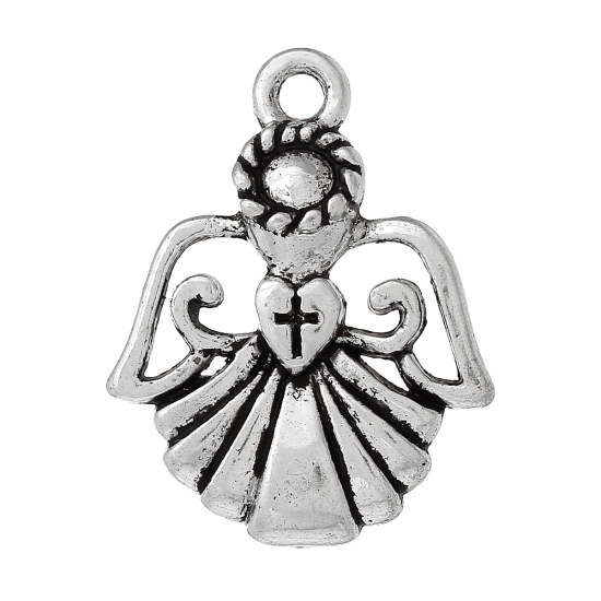 Picture of Zinc Based Alloy Easter Charms Angel Antique Silver Color Cross Carved 22mm( 7/8") x 17mm( 5/8"), 50 PCs