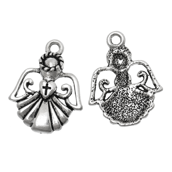 Picture of Zinc Based Alloy Easter Charms Angel Antique Silver Color Cross Carved 22mm( 7/8") x 17mm( 5/8"), 50 PCs