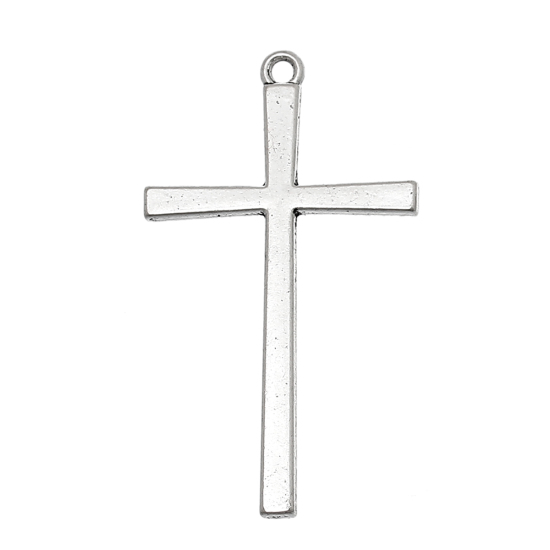 Picture of Zinc Based Alloy Easter Pendants Cross Antique Silver Color 43mm(1 6/8") x 25mm(1"), 50 PCs