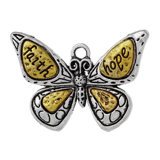 Immagine di Lega di Zinco Insetto Ciondoli Farfalla Oro Antico & Argento Antico Doppio Colore Lettere " faith hope " 31mm x 22mm , 10 Pz