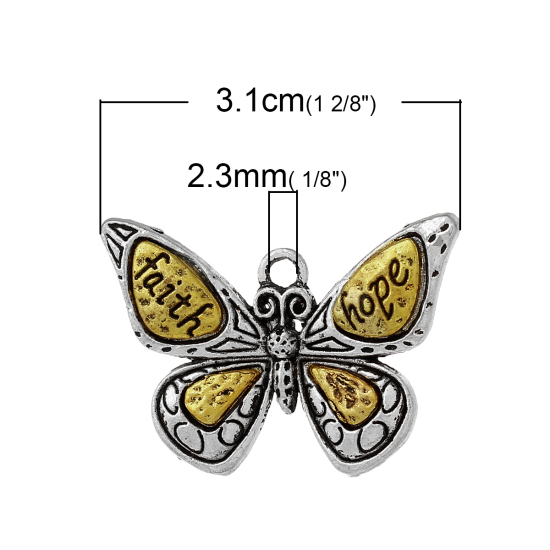 Immagine di Lega di Zinco Insetto Ciondoli Farfalla Oro Antico & Argento Antico Doppio Colore Lettere " faith hope " 31mm x 22mm , 10 Pz