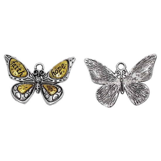 Immagine di Lega di Zinco Insetto Ciondoli Farfalla Oro Antico & Argento Antico Doppio Colore Lettere " faith hope " 31mm x 22mm , 10 Pz