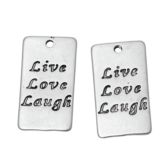 Picture of Zinc Metal Alloy Charms Rectangle Antique Silver Color Message " Live Love Laugh " Carved 22mm( 7/8") x 13mm( 4/8"), 20 PCs