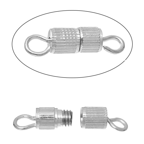 Picture of Brass Screw Clasps Necklace Bracelet Findings Cylinder Silver Plated 15mm( 5/8") x 4mm( 1/8"), 50 PCs                                                                                                                                                         