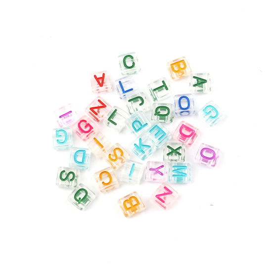 Bild von Acryl Perlen Zwei Löcher Quadrat Zufällig Mix Anfangsbuchstabe/ Großbuchstabe ca. 8mm x 8mm, Loch:ca. 1.6mm, 300 Stück