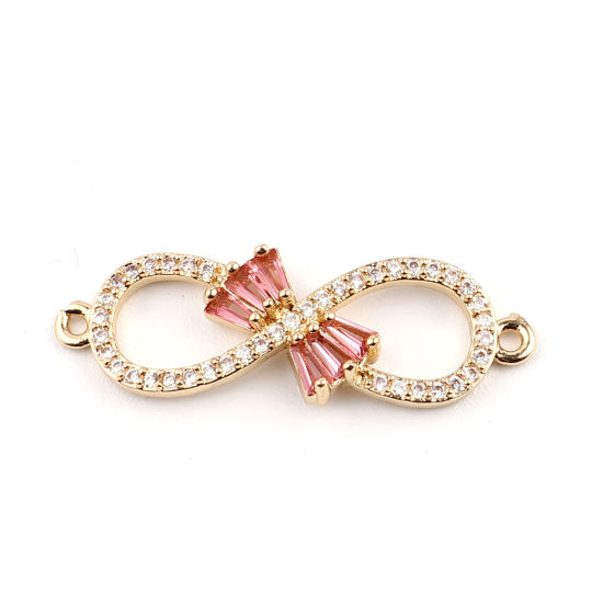 Bild von Messing Verbinder Unendlichkeit Symbol Vergoldet Schleife Transparent & Rosa Strass 31mm x 10mm, 2 Stück